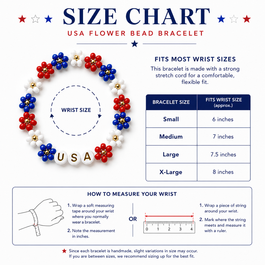 USA flower beaded bracelet | Fourth of july Beaded jewelry | red white and blue
