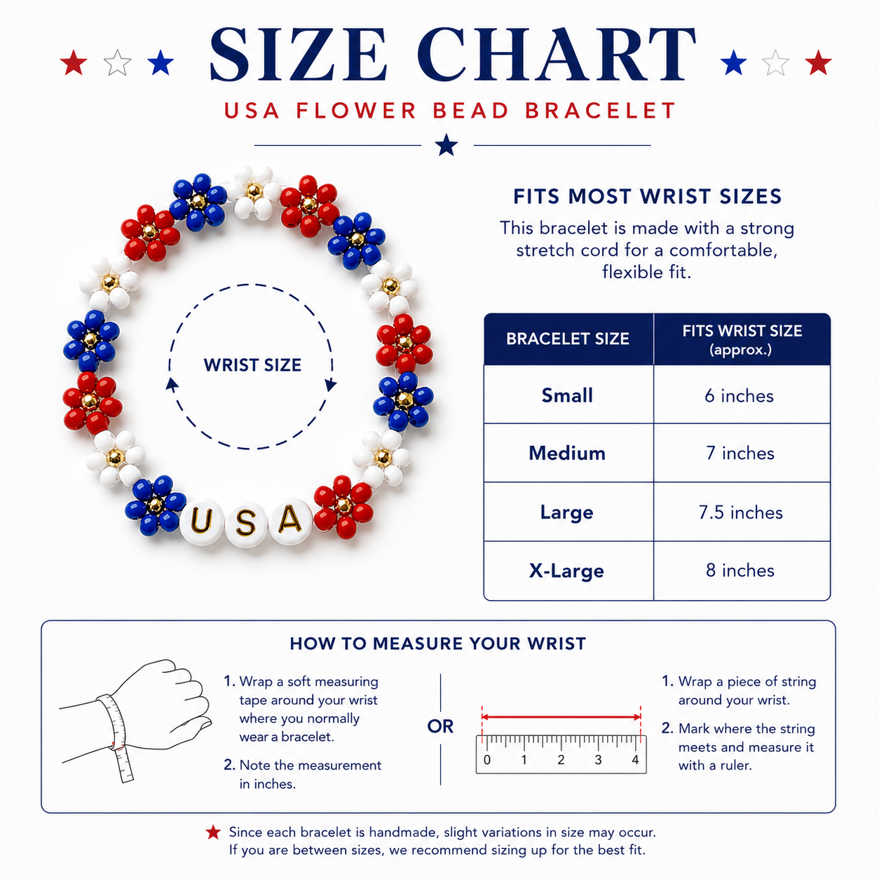 USA flower beaded bracelet | Fourth of july Beaded jewelry | red white and blue