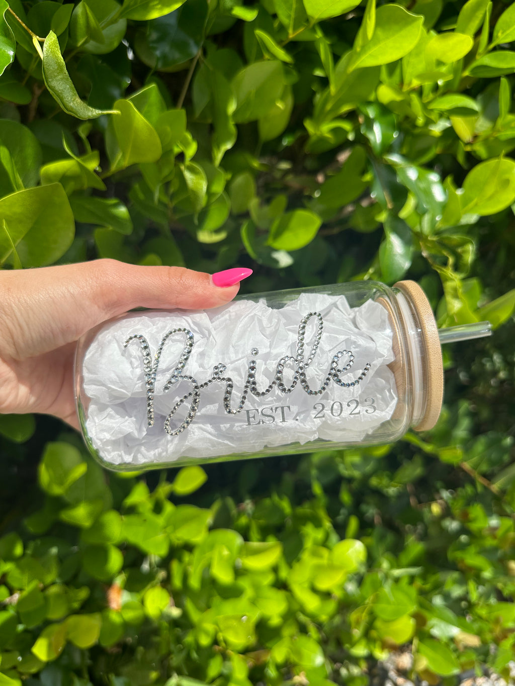 Bride Rhinestone 16 oz Glass Cup
