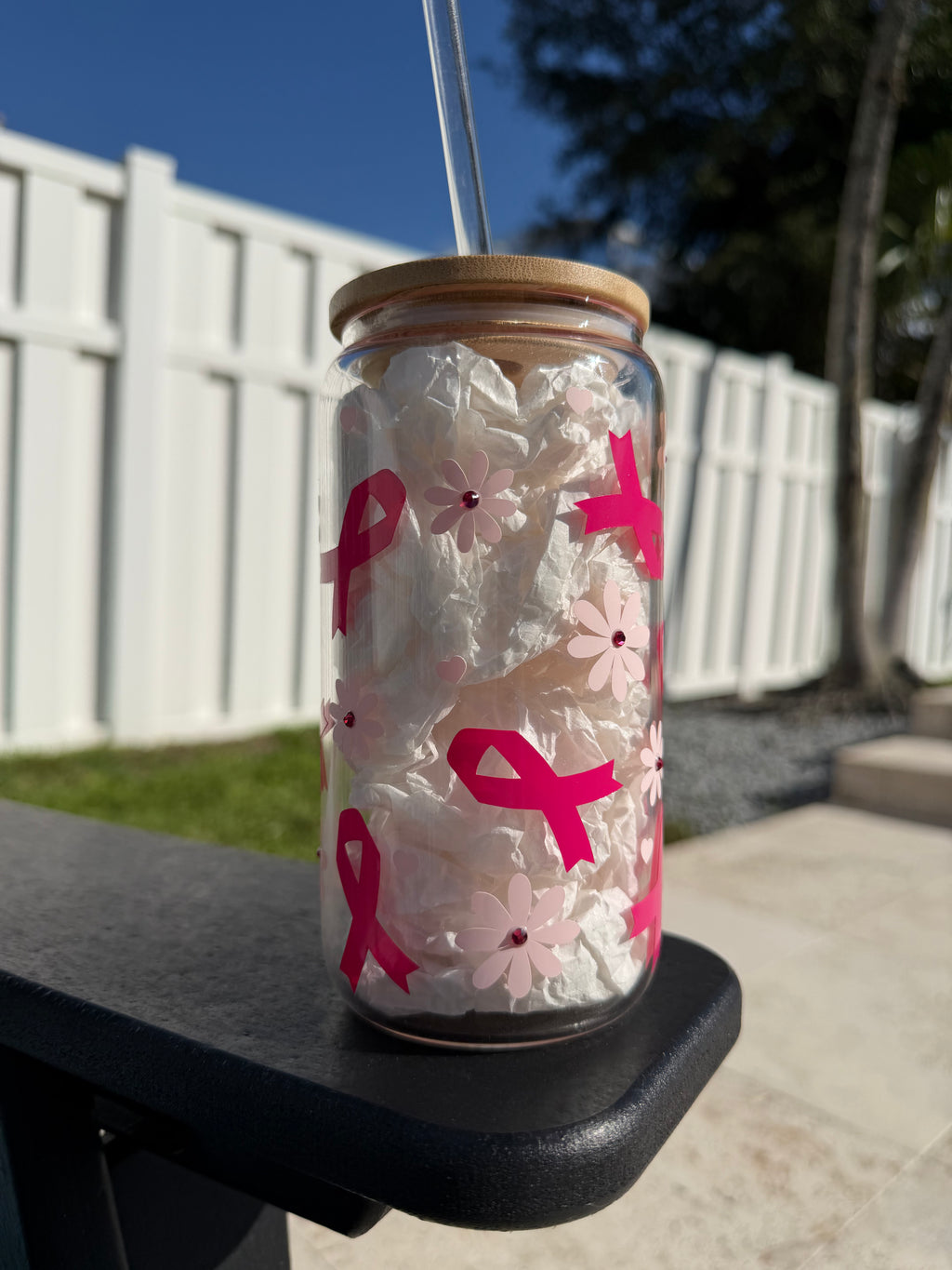 Personalized Floral Breast Cancer Glass Cup
