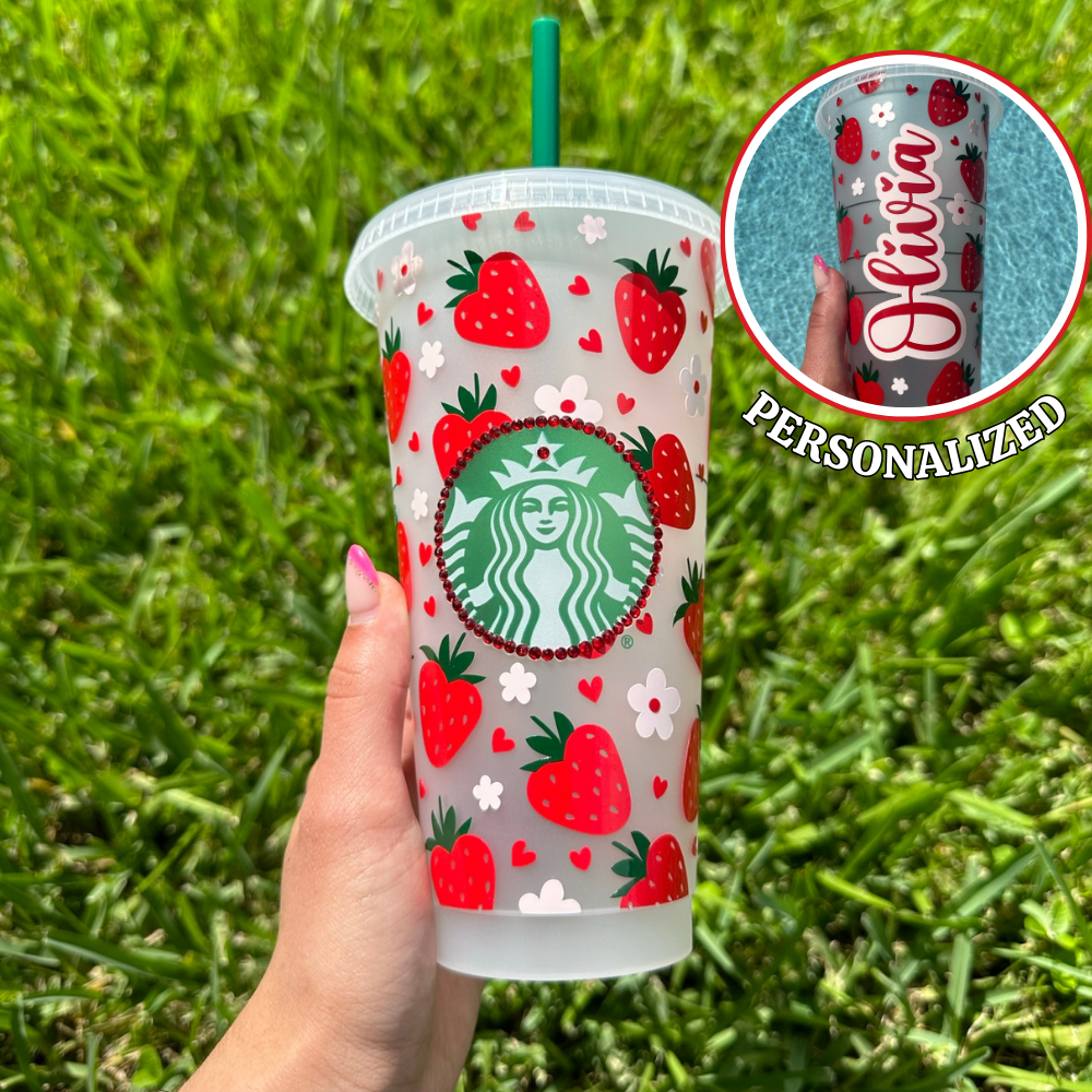 Personalized Strawberry‑Floral 24 oz Reusable Cold Cup