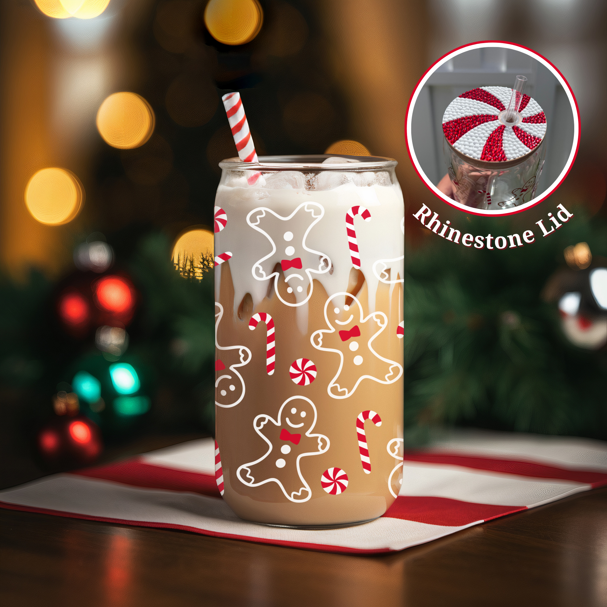 Gingerbread Candy Cane christmas 16 oz glass cup