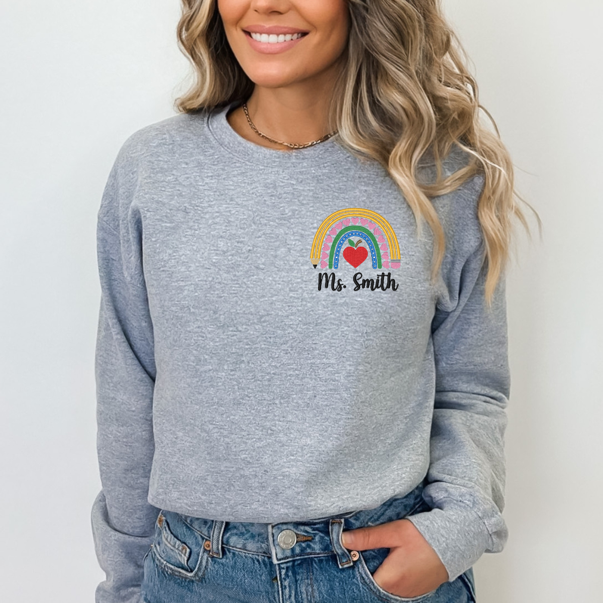 Custom Teacher Rainbow Embroidered Crewneck