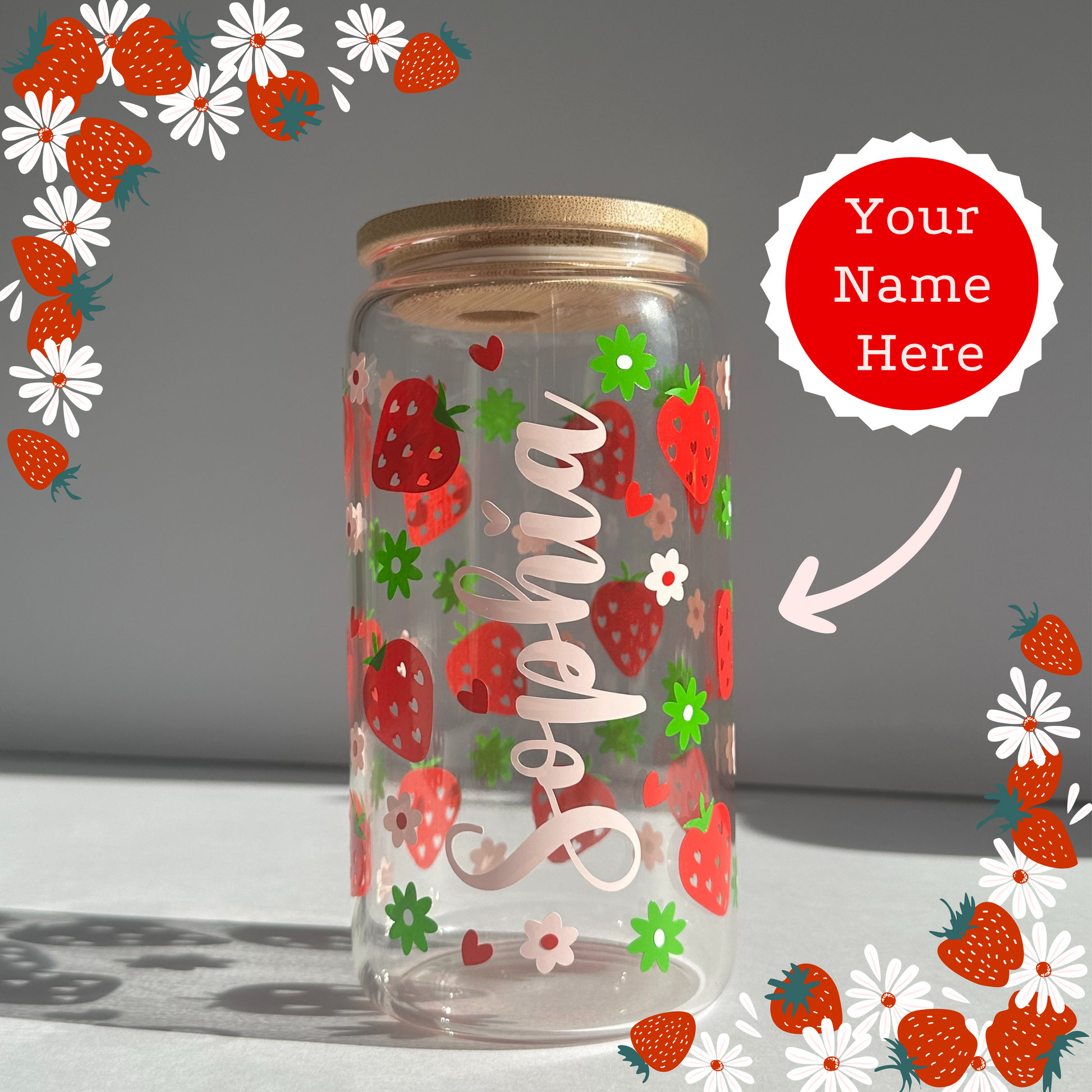 Personalized Strawberry floral libbey Glass Can