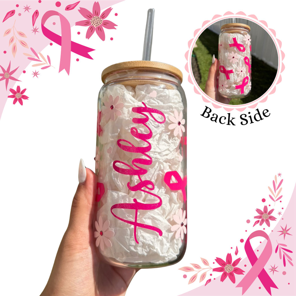 Personalized Floral Breast Cancer Glass Cup