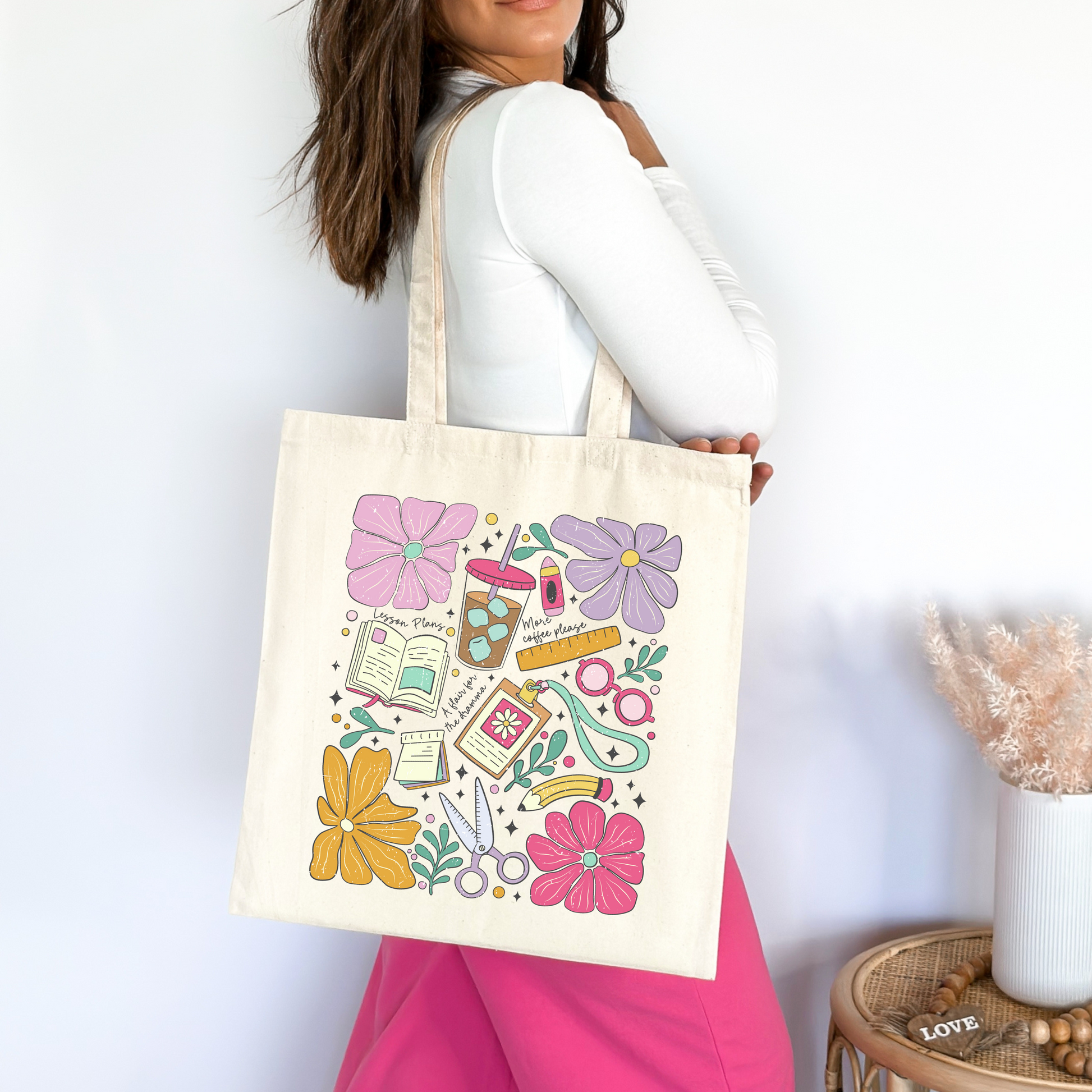 Teacher Floral Canvas Tote Bag