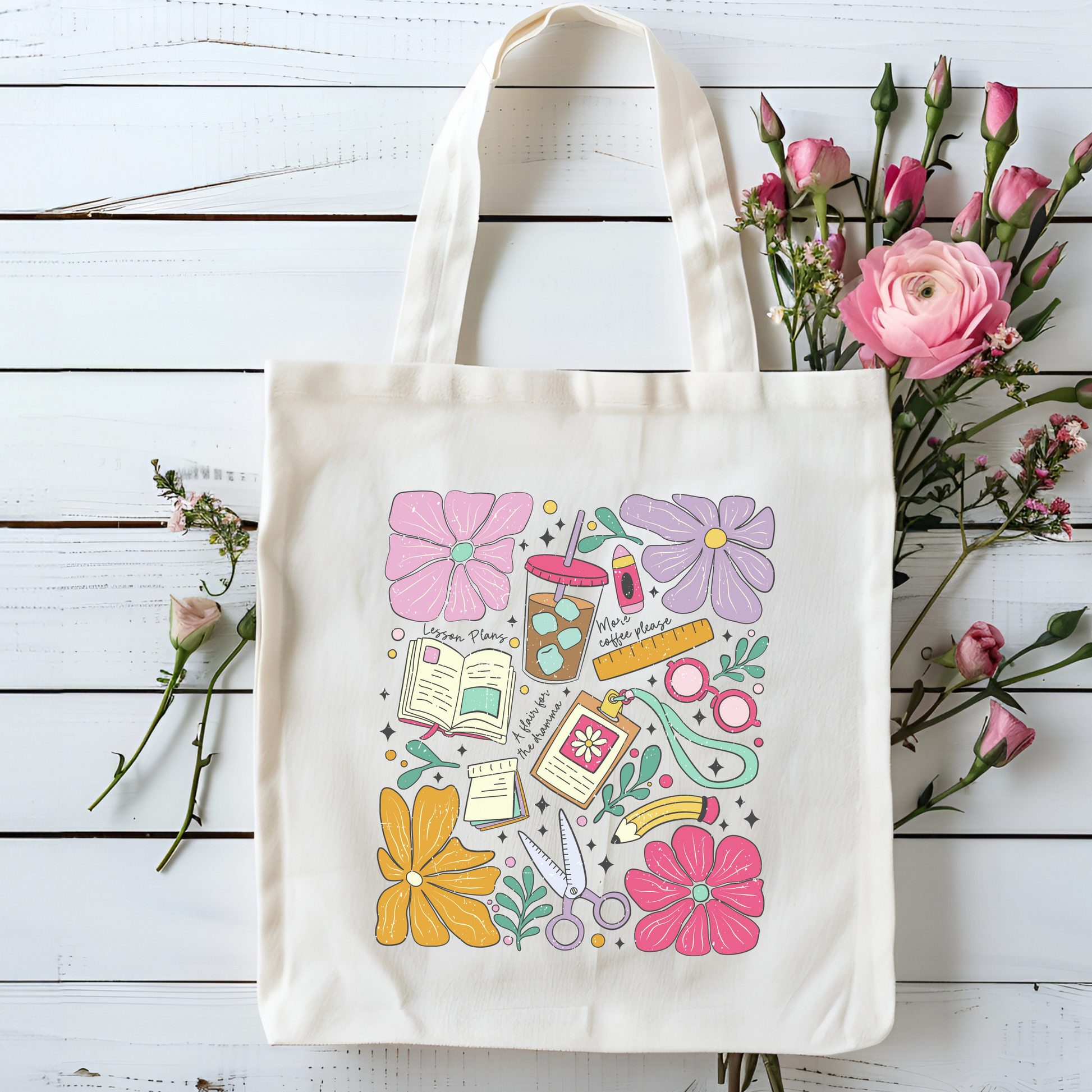 Teacher Floral Canvas Tote Bag