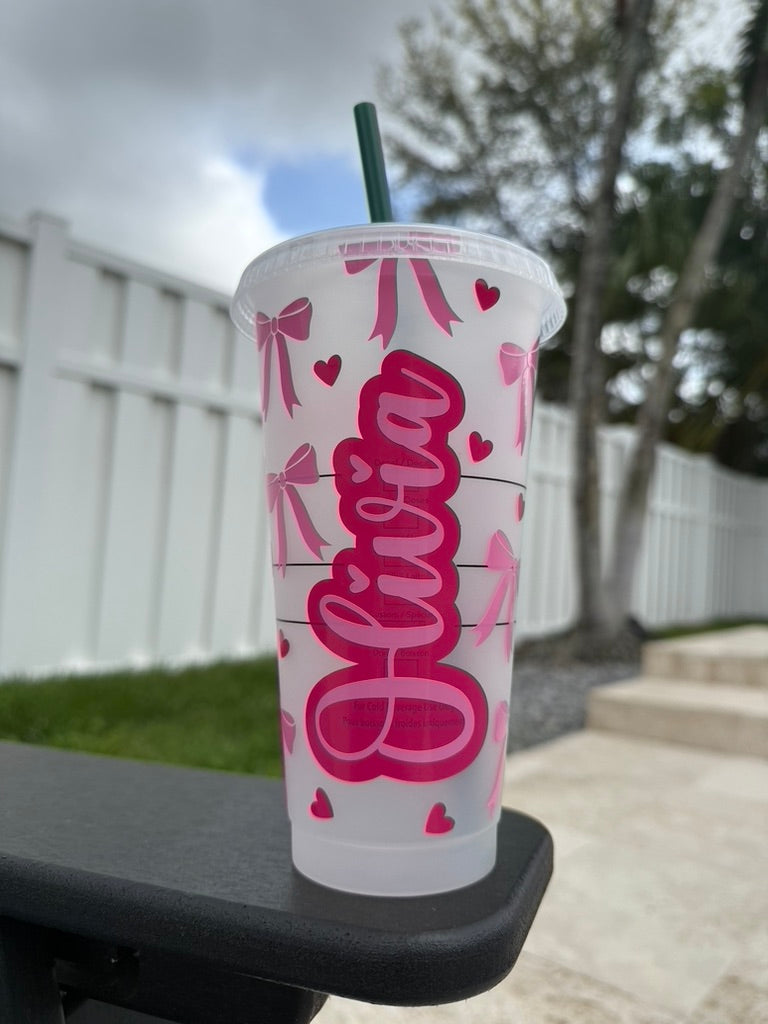 Custom reusable Pink Bow cold cup