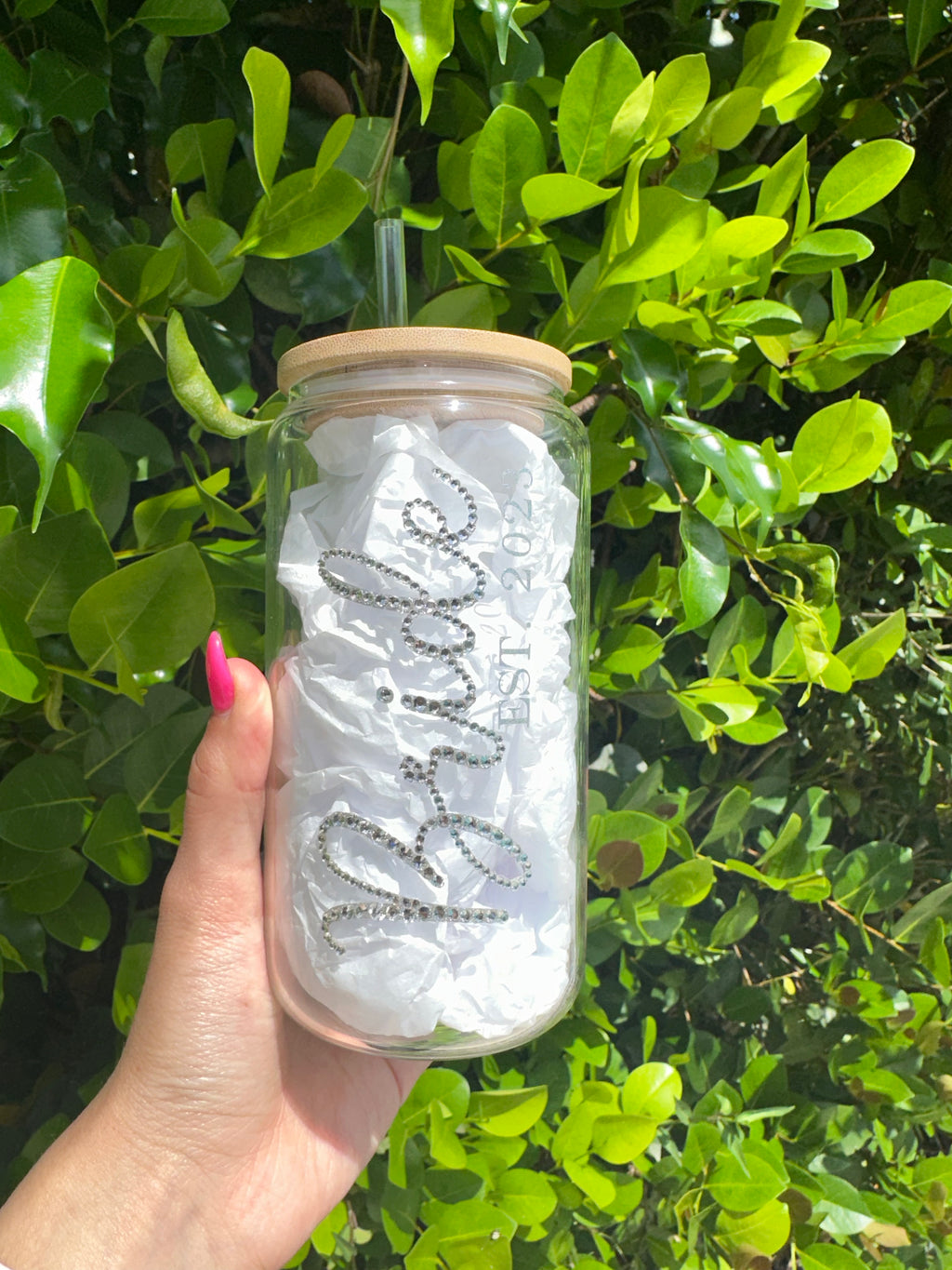 Bride Rhinestone 16 oz Glass Cup