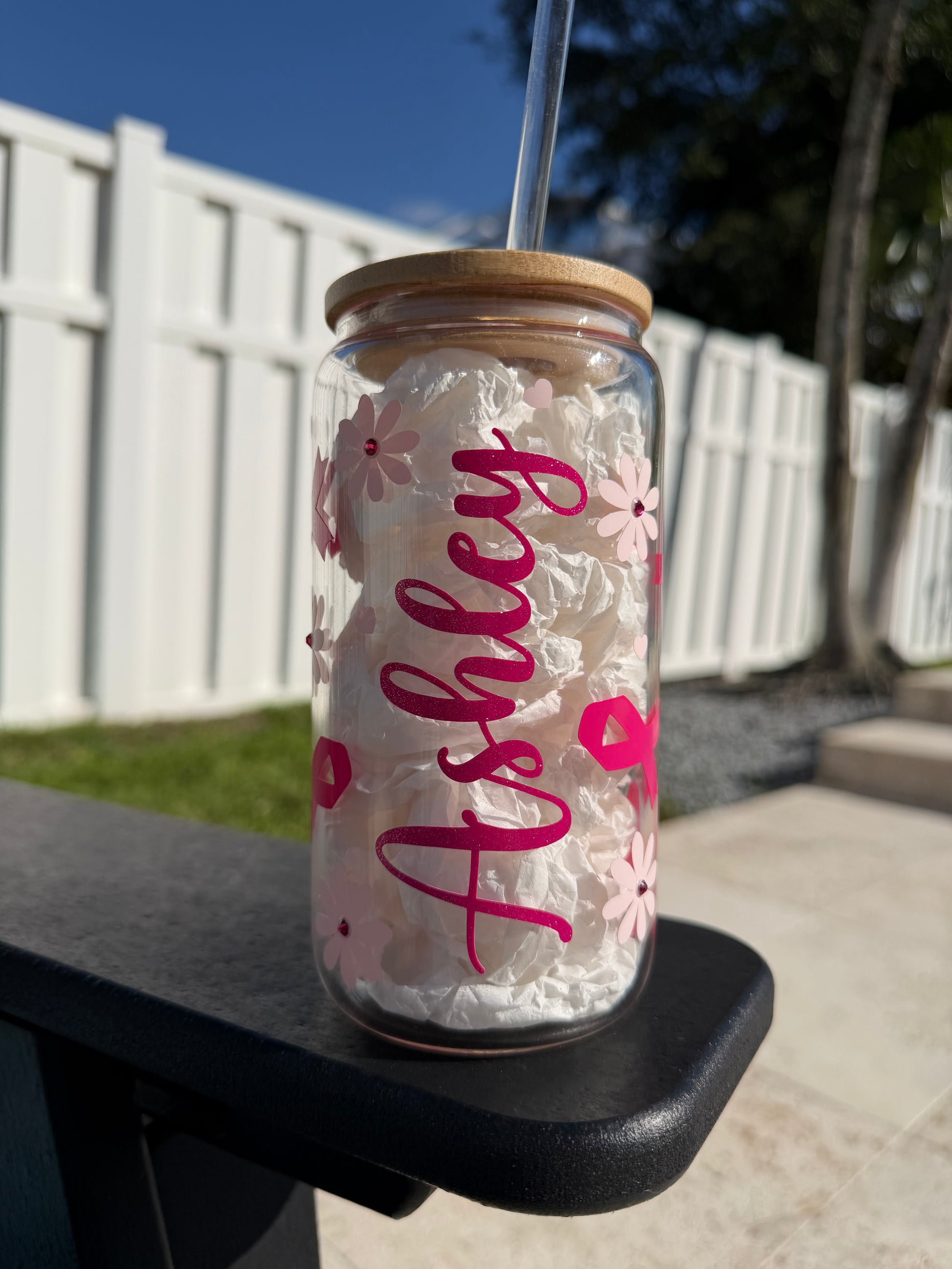 Personalized Floral Breast Cancer Glass Cup
