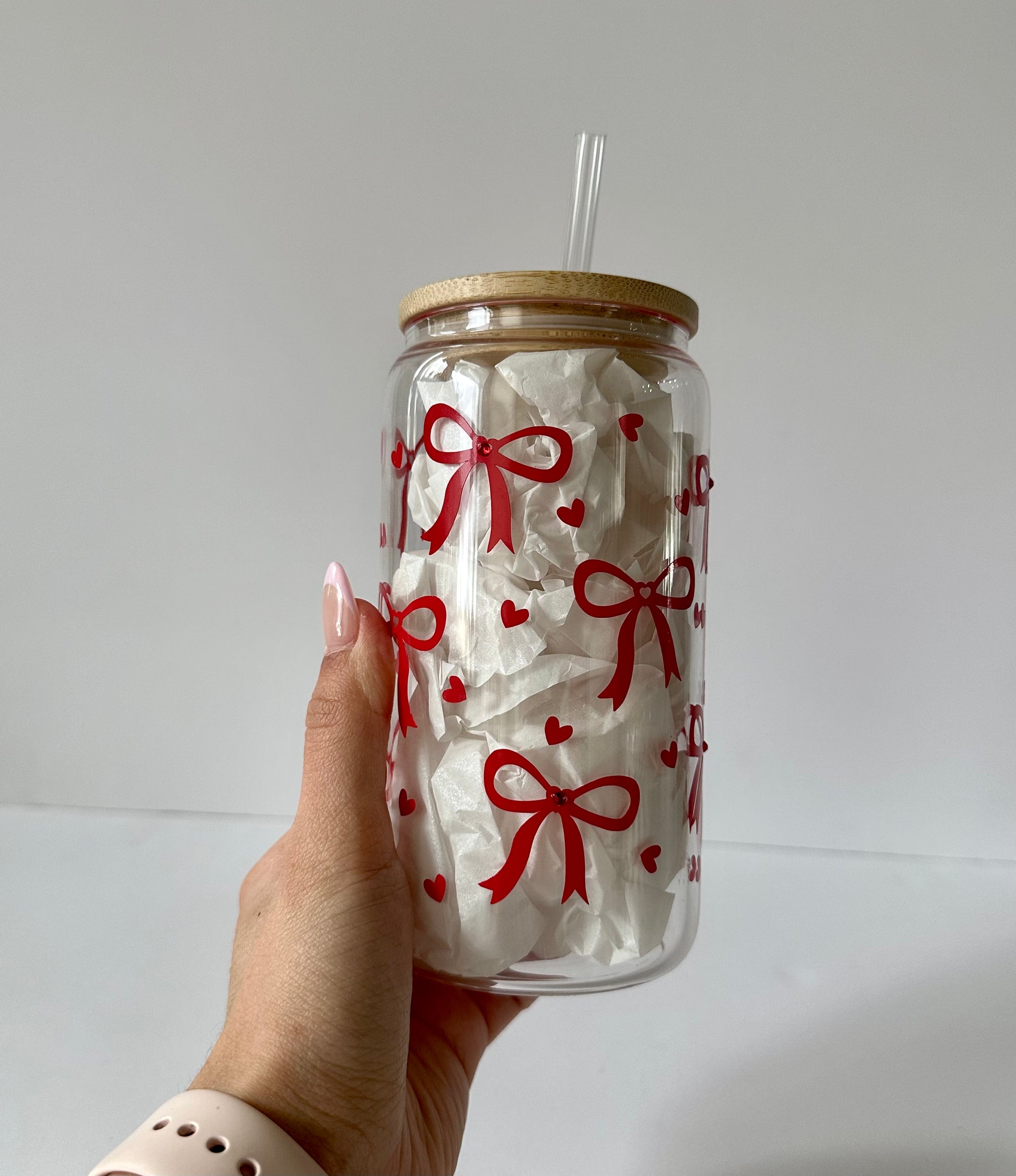 16 oz Rhinestone Bow Libbey Glass Cup with Bamboo Lid & Straw