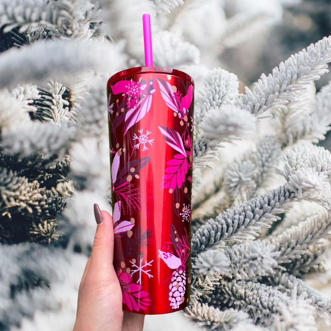Holiday Red floral stainless steel Tumbler