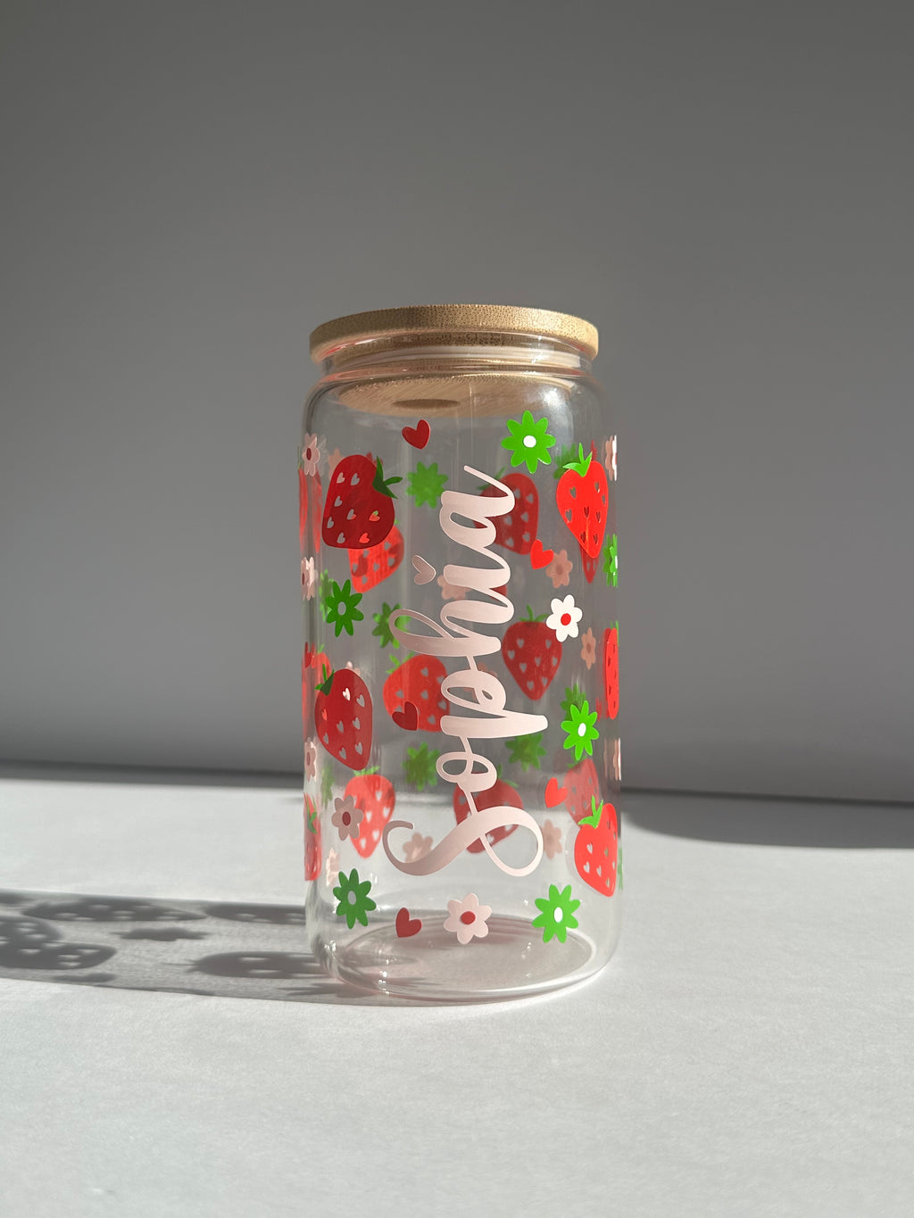 Personalized Strawberry floral libbey Glass Can