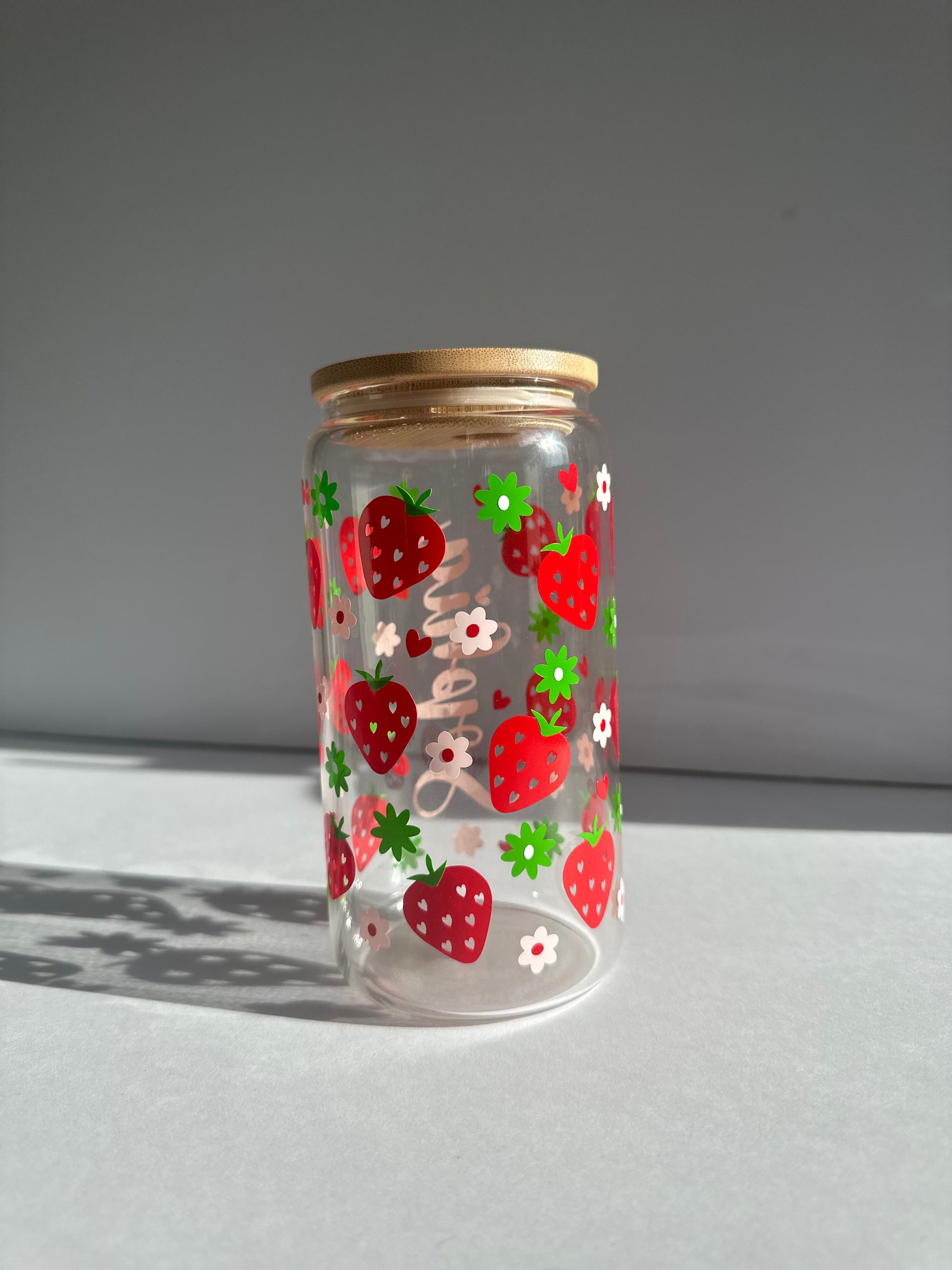 Personalized Strawberry floral libbey Glass Can