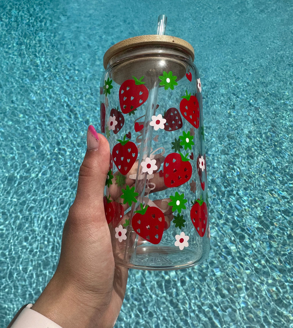 Personalized Strawberry floral libbey Glass Can