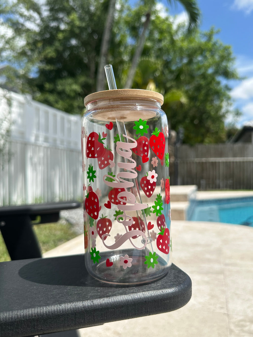 Personalized Strawberry floral libbey Glass Can