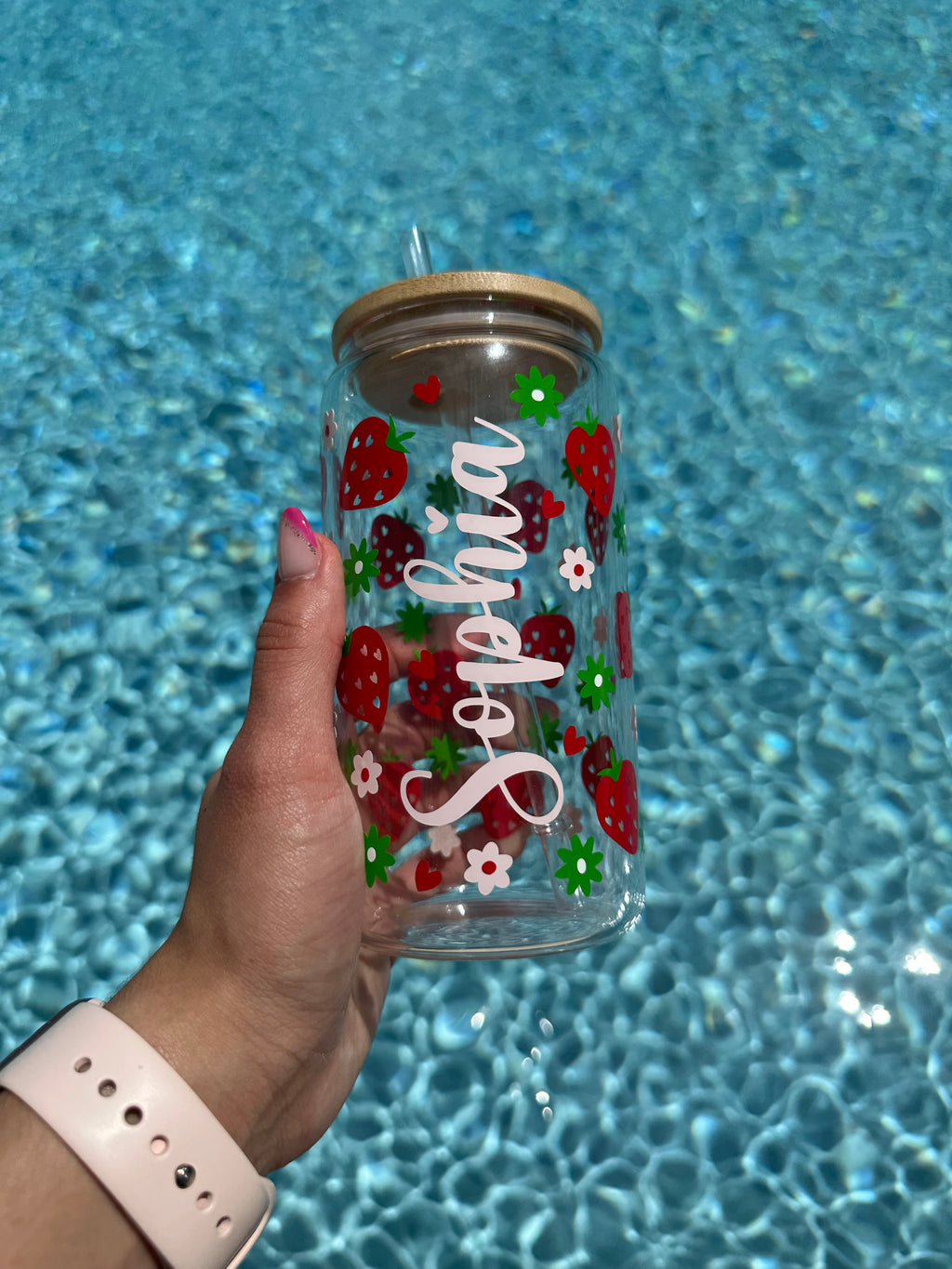 Personalized Strawberry floral libbey Glass Can