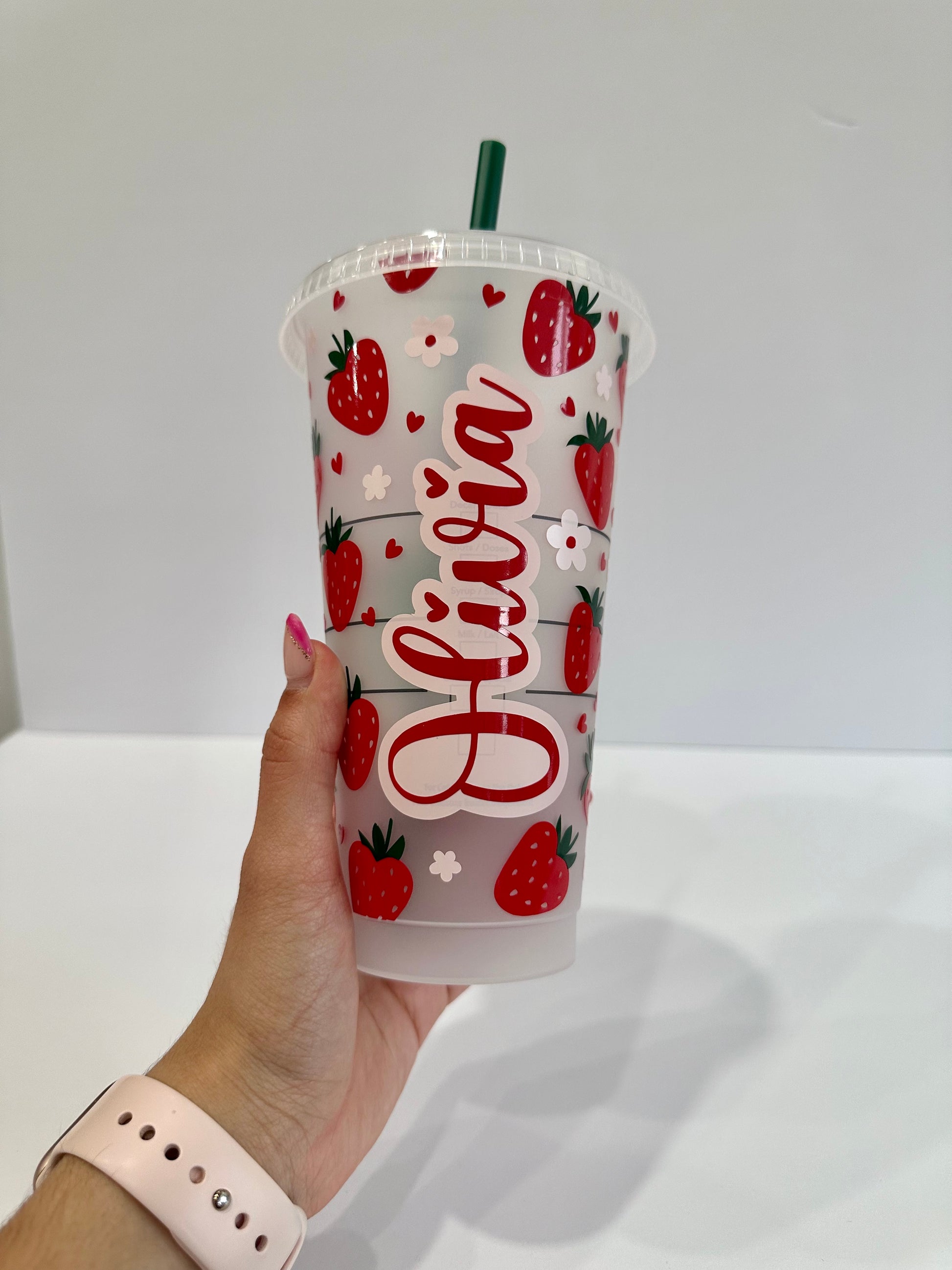 Personalized Strawberry‑Floral 24 oz Reusable Cold Cup