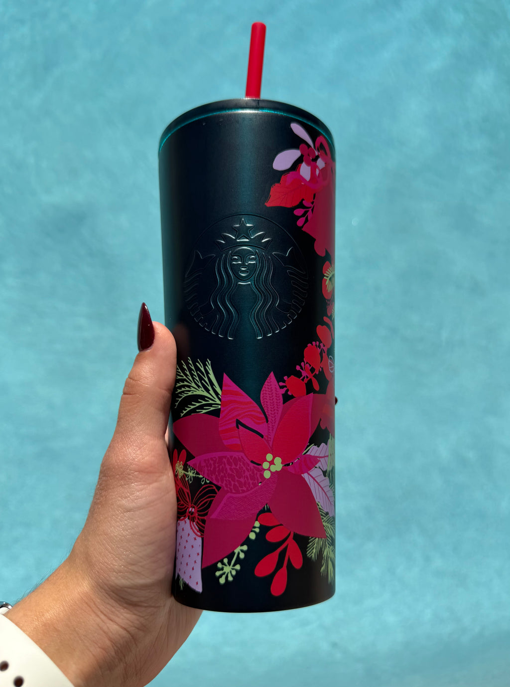 Matte Green Floral Holiday Stainless Tumbler
