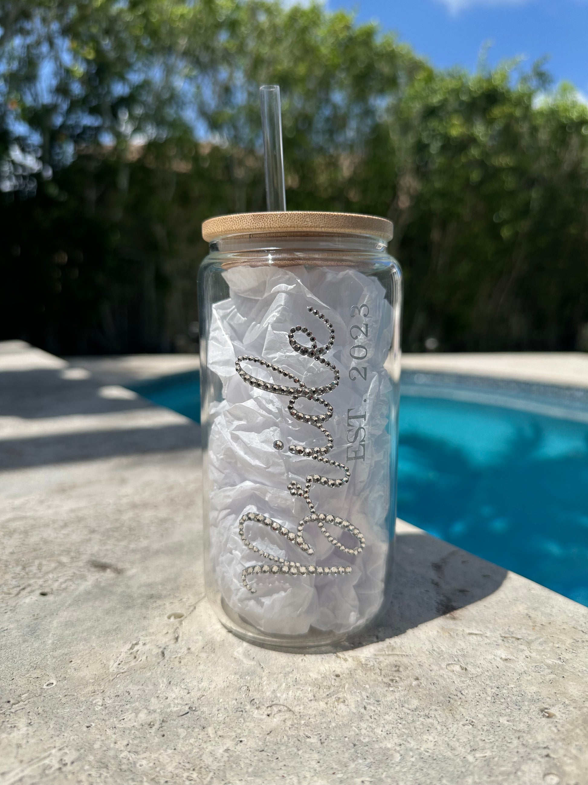 Bride Rhinestone 16 oz Glass Cup