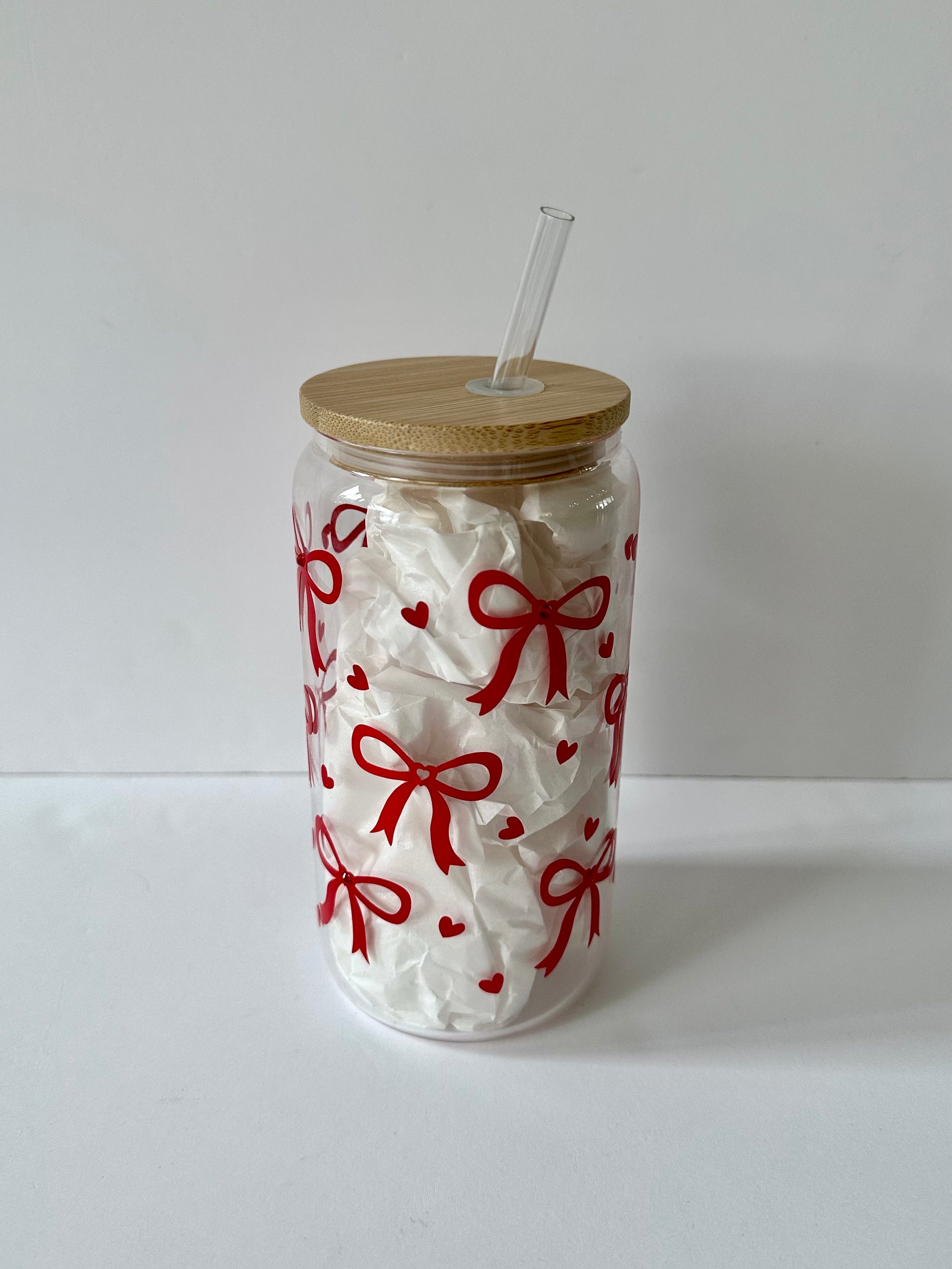 16 oz Rhinestone Bow Libbey Glass Cup with Bamboo Lid & Straw
