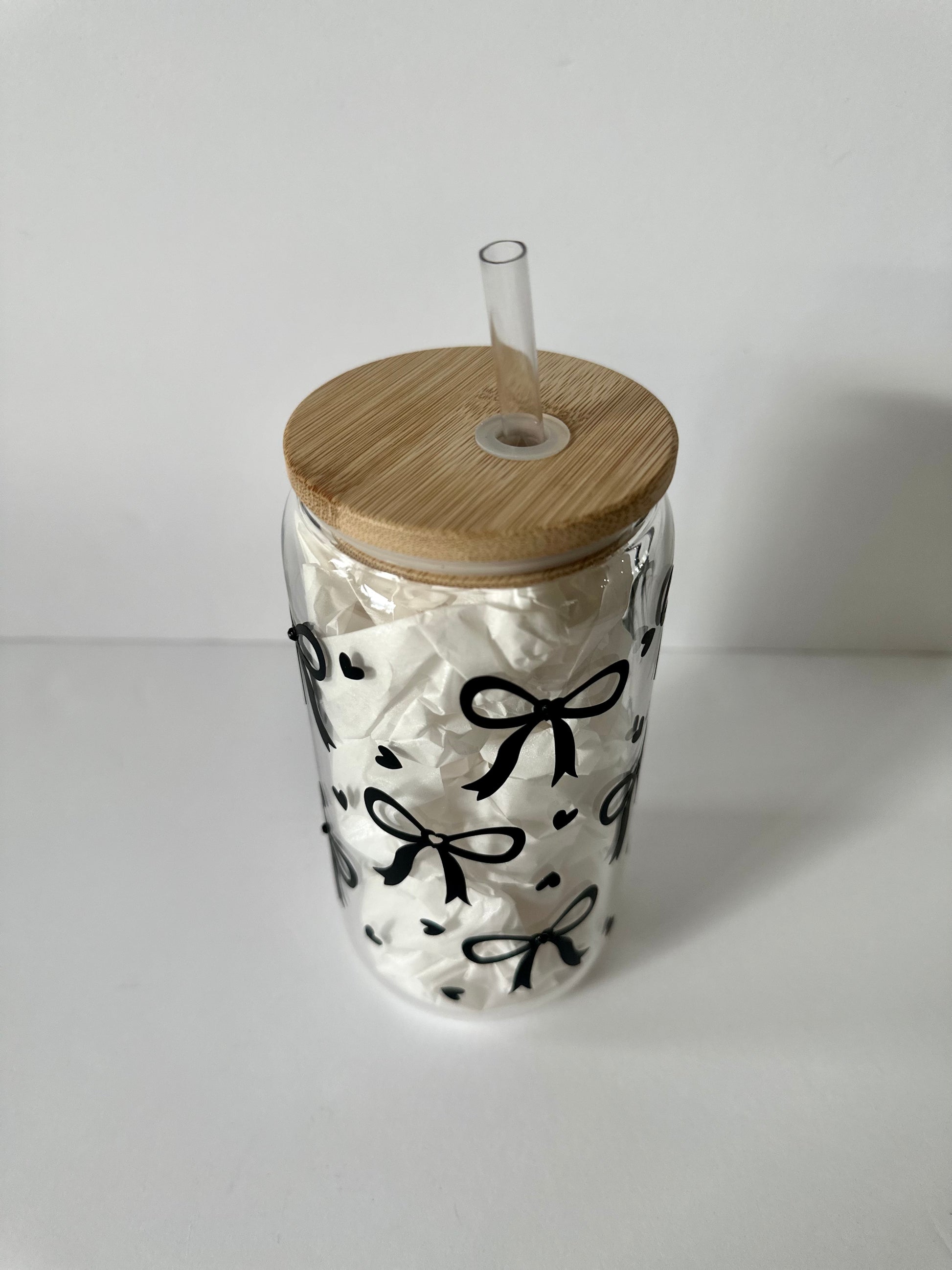 16 oz Rhinestone Bow Libbey Glass Cup with Bamboo Lid & Straw