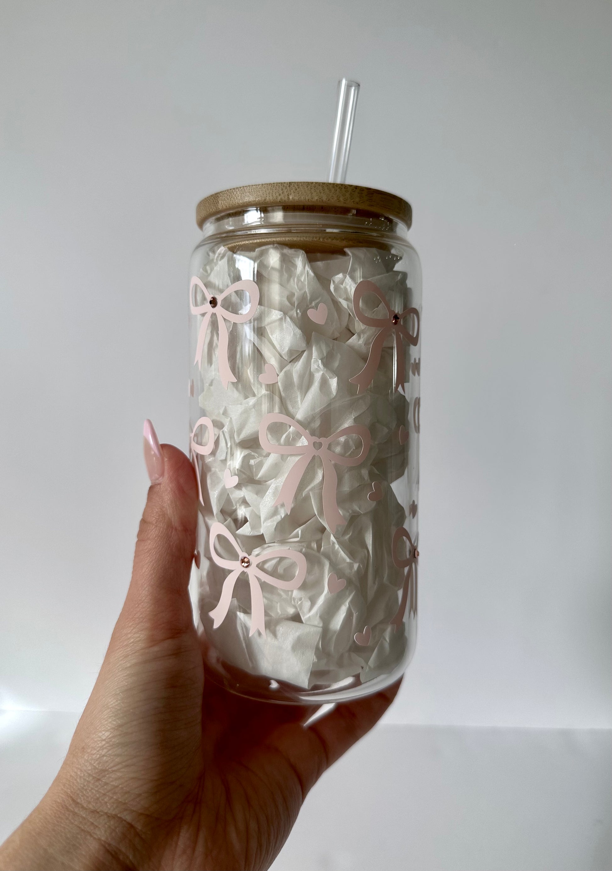 16 oz Rhinestone Bow Libbey Glass Cup with Bamboo Lid & Straw