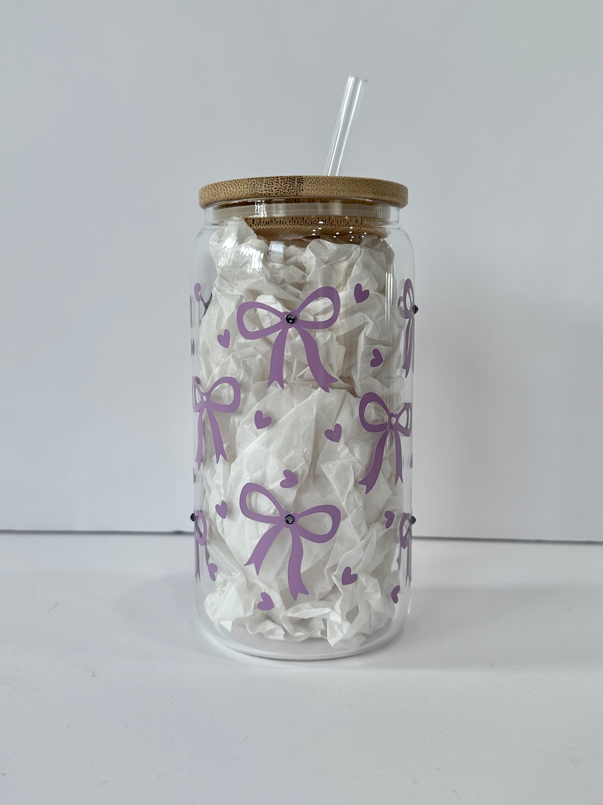 16 oz Rhinestone Bow Libbey Glass Cup with Bamboo Lid & Straw