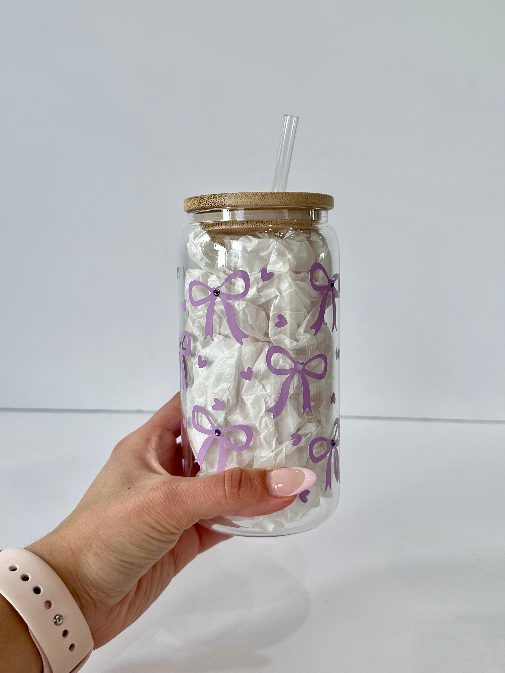 16 oz Rhinestone Bow Libbey Glass Cup with Bamboo Lid & Straw