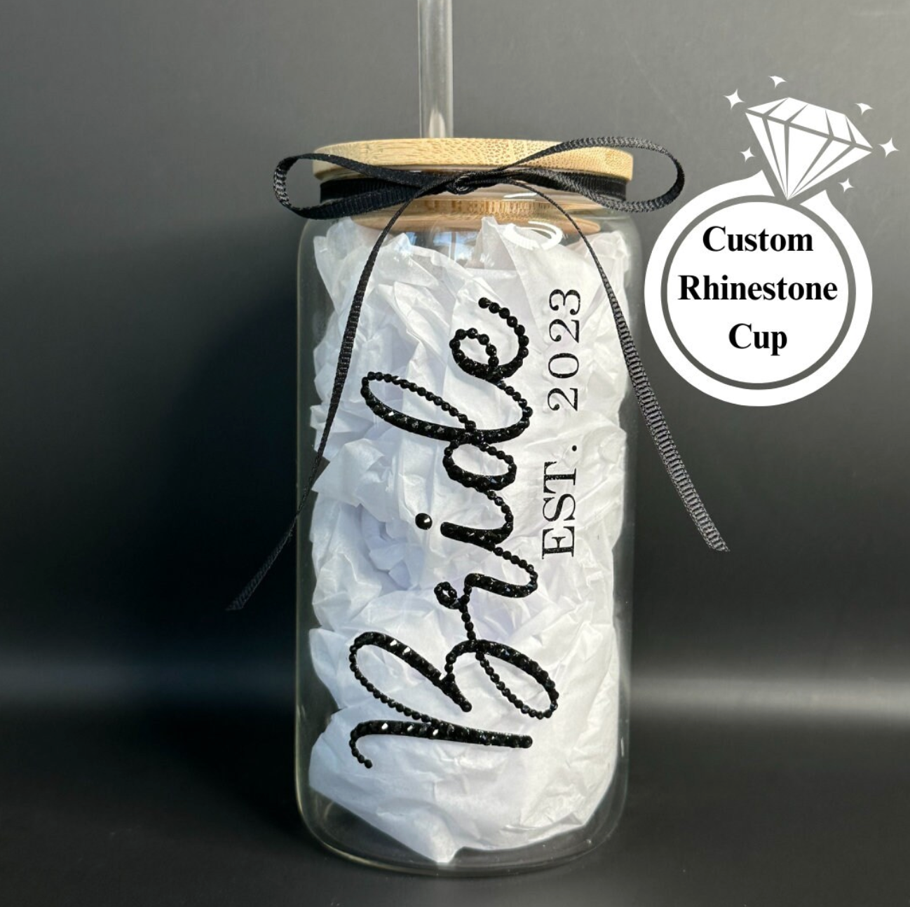 Bride Rhinestone 16 oz Glass Cup