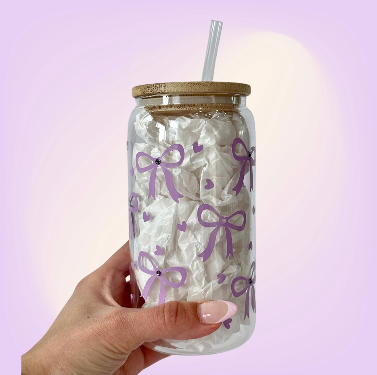 16 oz Rhinestone Bow Libbey Glass Cup with Bamboo Lid & Straw