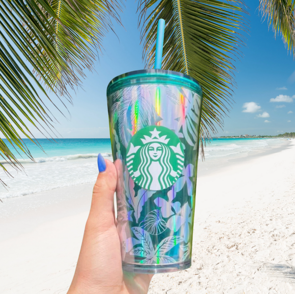 Starbucks 2022 tropical floral grande Iridescent blue cold cup