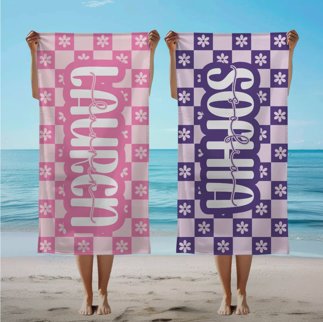 Personalized Retro Floral Beach Towel