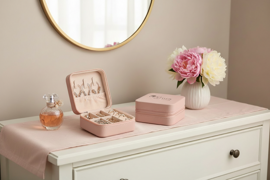 Pink jewelry box with compartments and a lid featuring 'Olivia Class of 2020' text.
