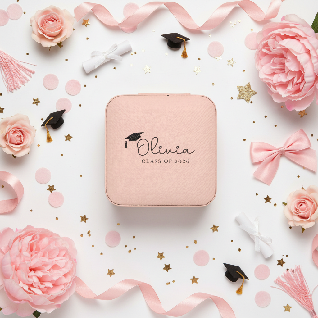 Personalized Graduation Jewelry Travel Case — Compact Brushed Pink Keepsake