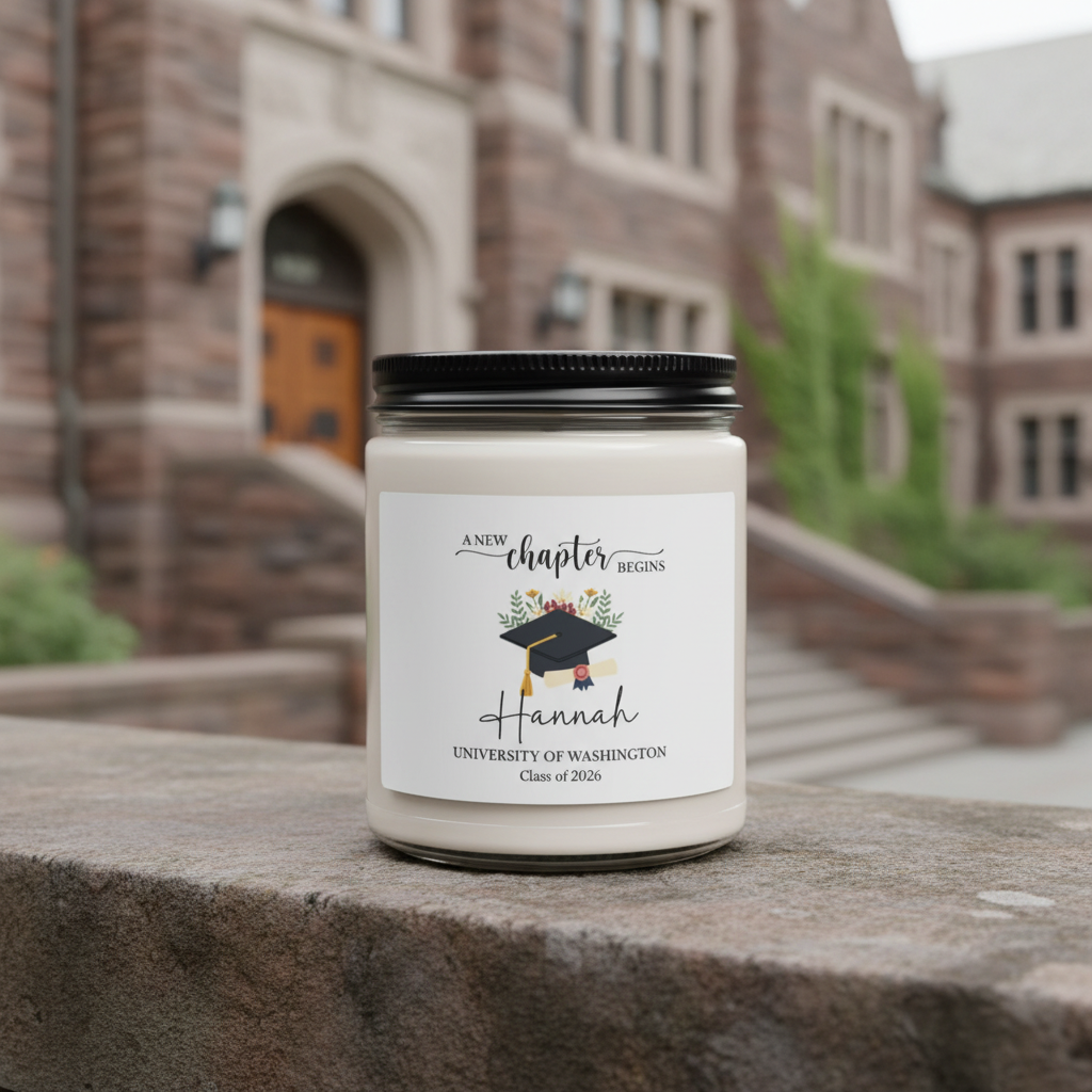 Graduation Soy Candle — "A New Chapter Begins" Personalized 9oz Gift (Custom Name & School)