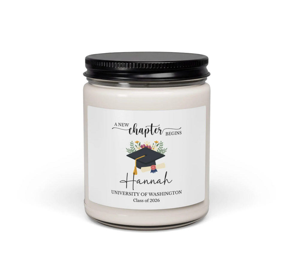 Graduation Soy Candle — "A New Chapter Begins" Personalized 9oz Gift (Custom Name & School)