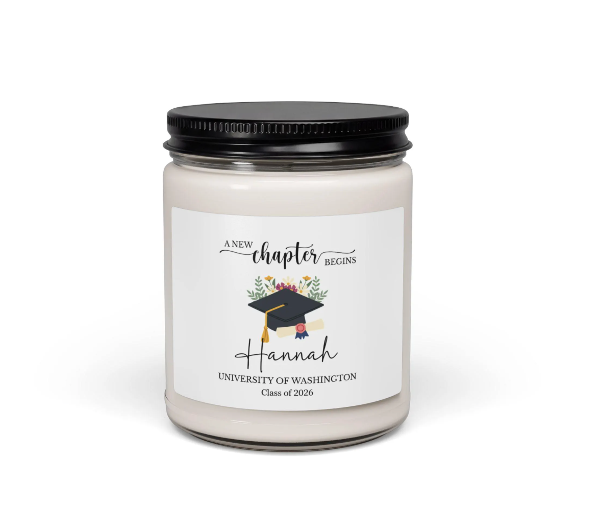 Graduation Soy Candle — "A New Chapter Begins" Personalized 9oz Gift (Custom Name & School)