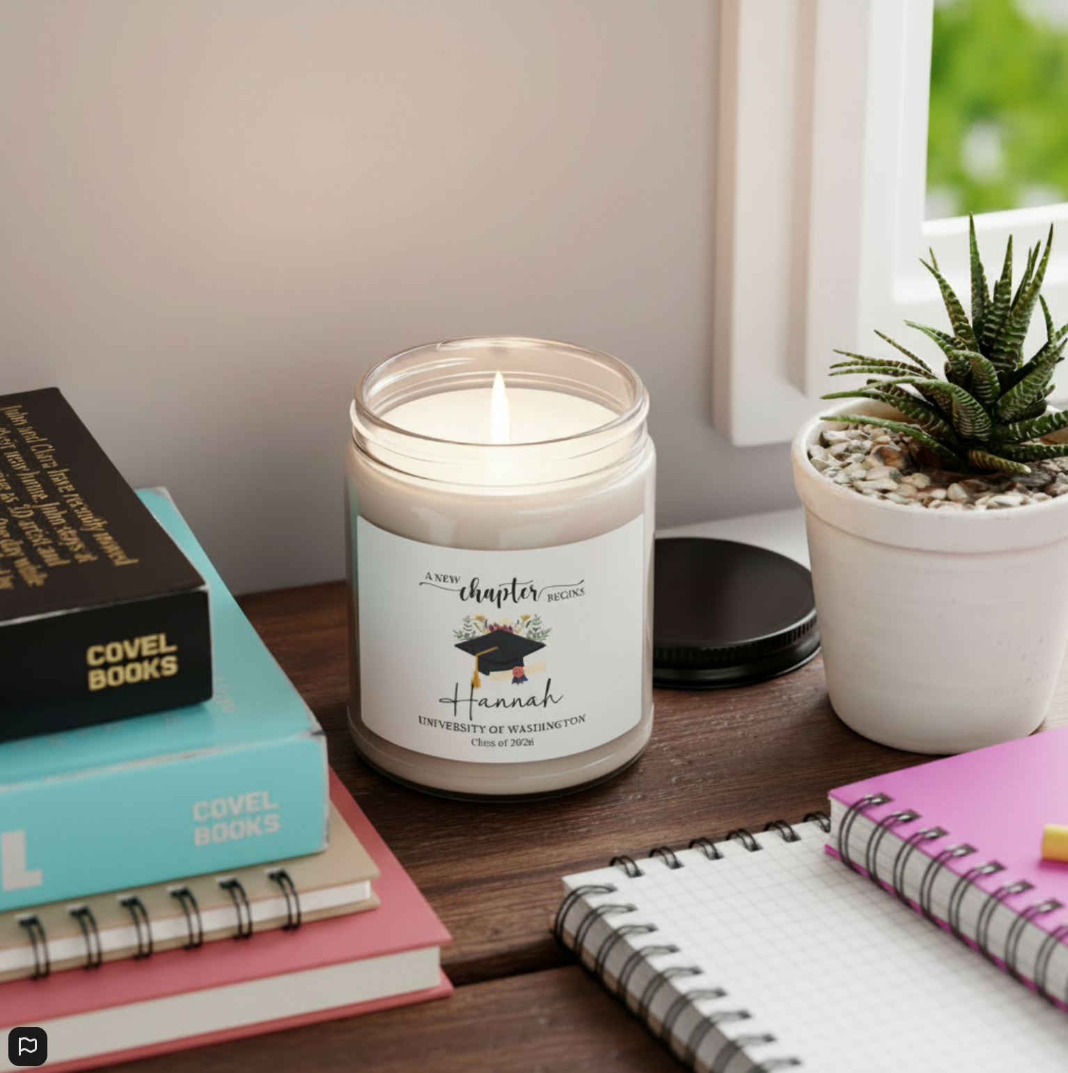 Graduation Soy Candle — "A New Chapter Begins" Personalized 9oz Gift (Custom Name & School)