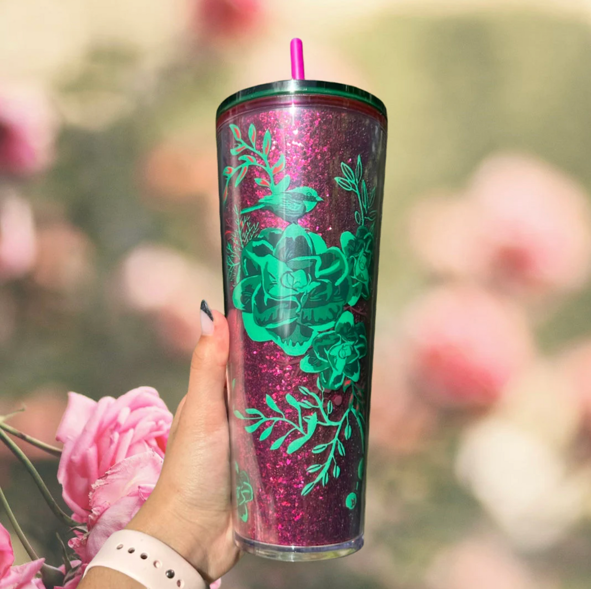 Starbucks 2022 christmas holiday glitter floral tumbler