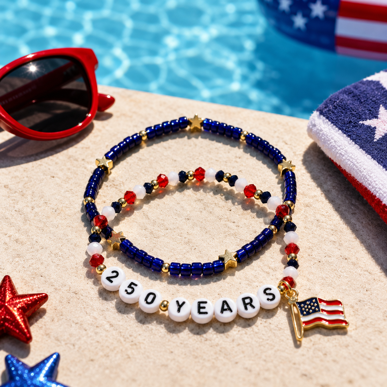 250 Years Patriotic Bracelet Set – Red White & Blue Fourth of July Beaded Stack Bracelets with American Flag Charm 🇺🇸✨