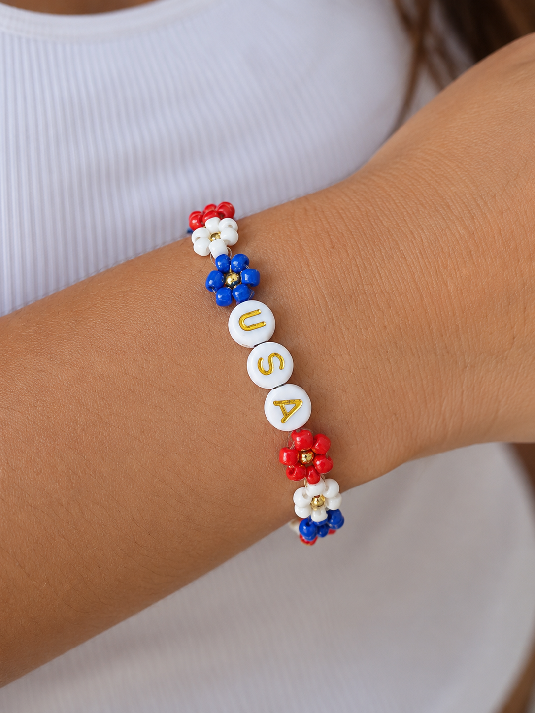 USA flower beaded bracelet | Fourth of july Beaded jewelry | red white and blue