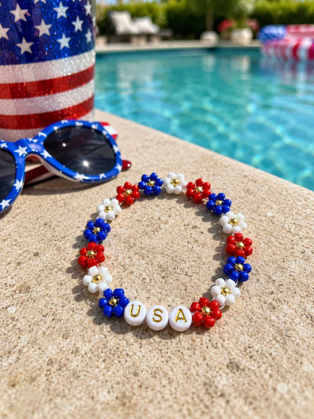 USA flower beaded bracelet | Fourth of july Beaded jewelry | red white and blue