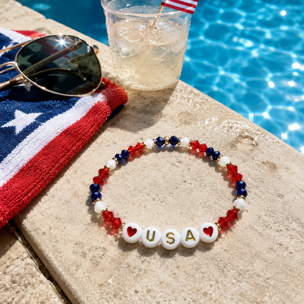 USA charm bracelet | Fourth of july Beaded jewelry | red white and blue