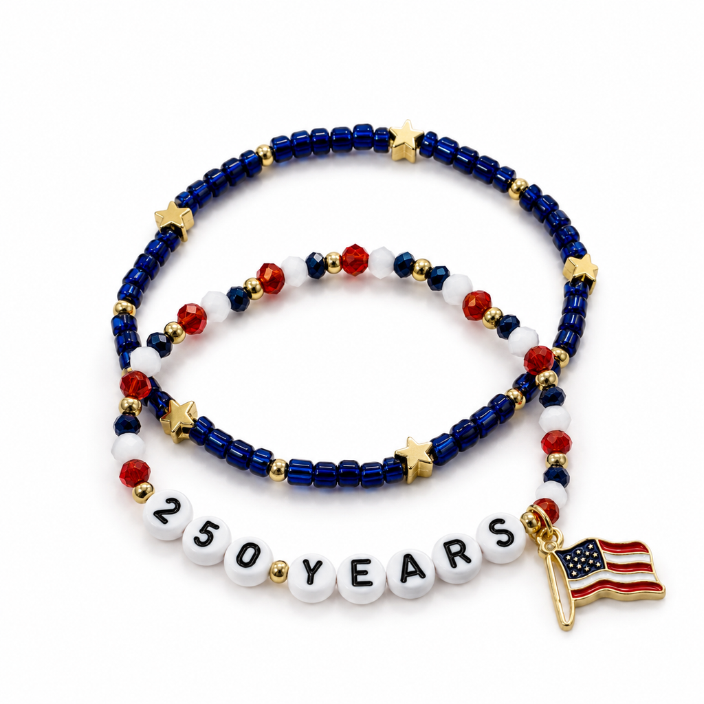 250 Years Patriotic Bracelet Set – Red White & Blue Fourth of July Beaded Stack Bracelets with American Flag Charm 🇺🇸✨