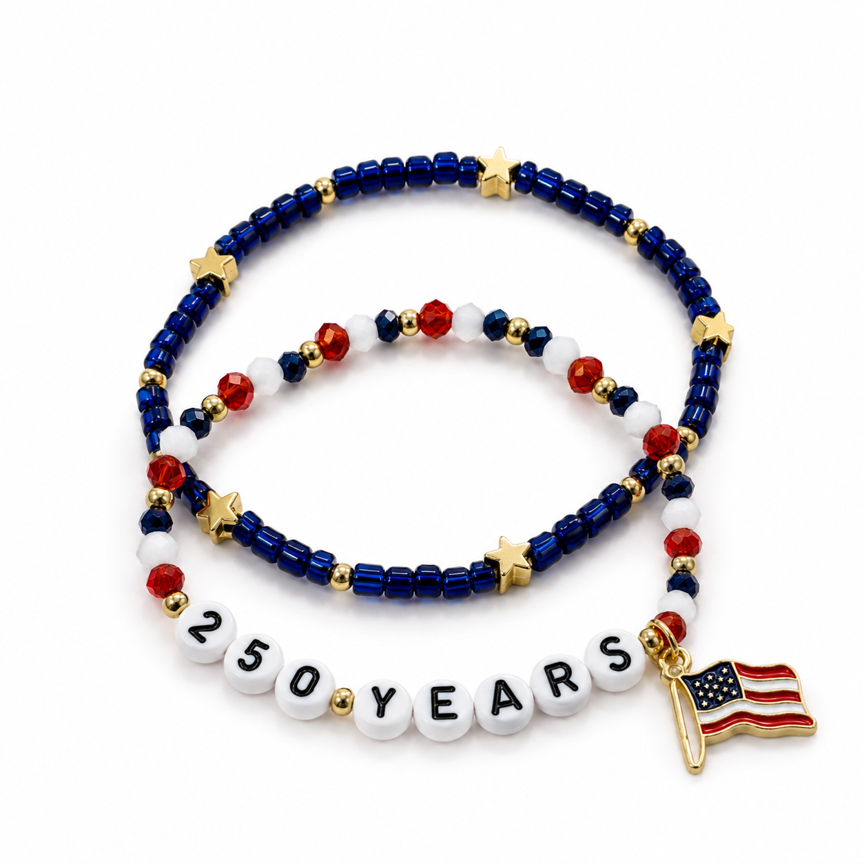 250 Years Patriotic Bracelet Set – Red White & Blue Fourth of July Beaded Stack Bracelets with American Flag Charm 🇺🇸✨