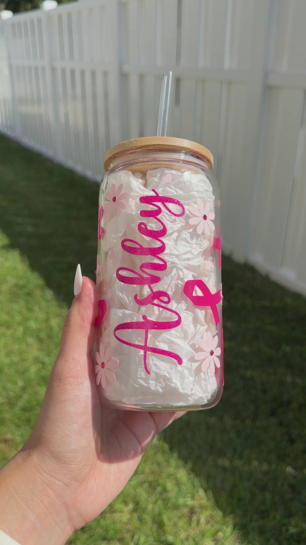 Personalized Floral Breast Cancer Glass Cup