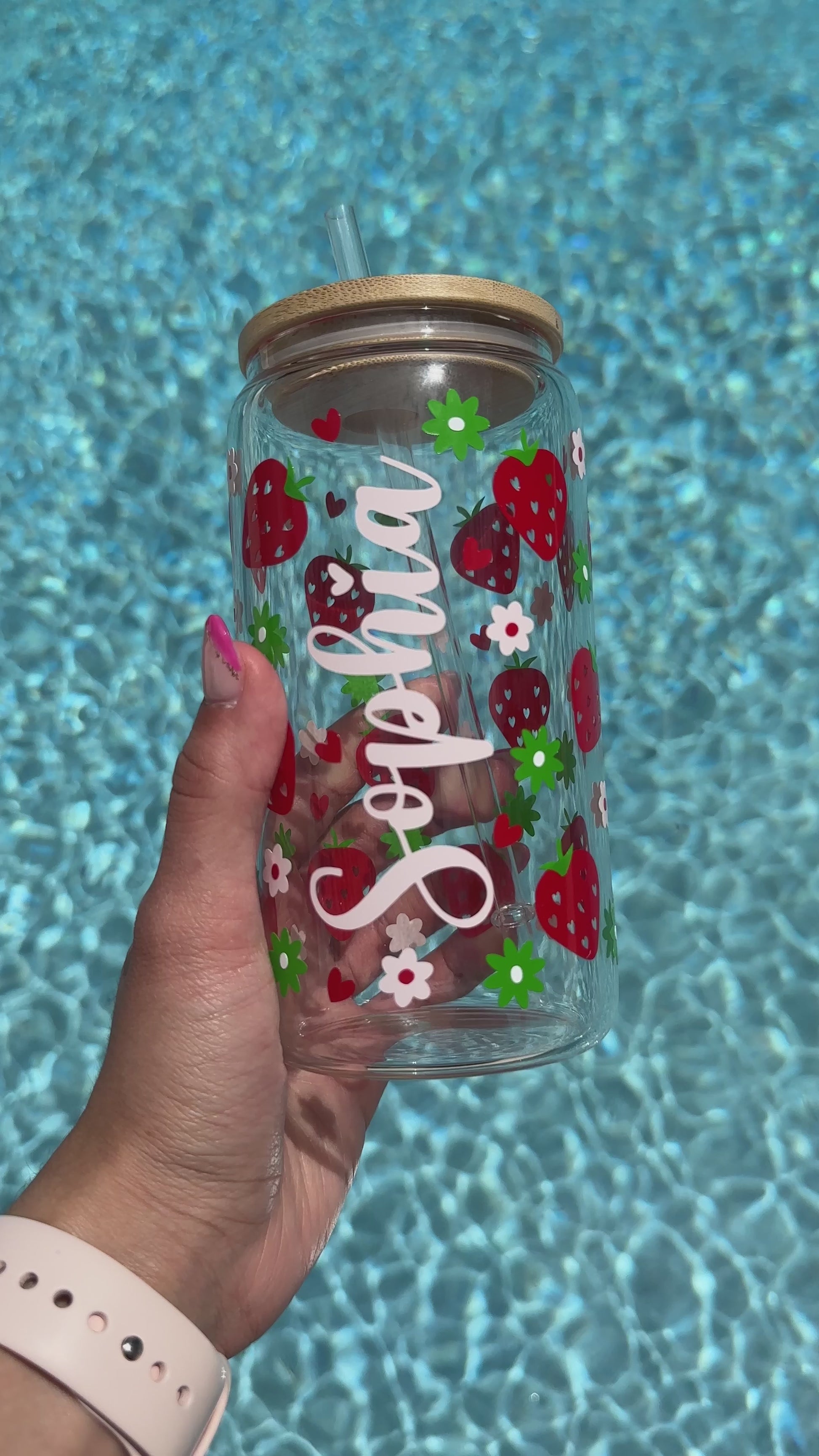 Personalized Strawberry floral libbey Glass Can