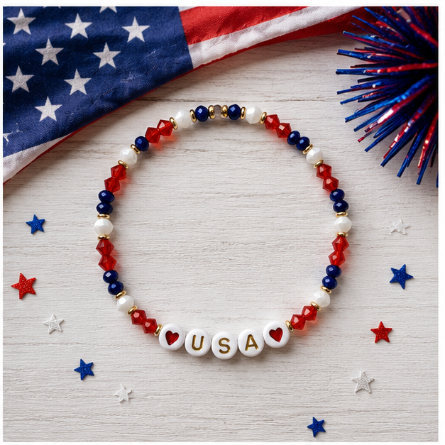 USA charm bracelet | Fourth of july Beaded jewelry | red white and blue