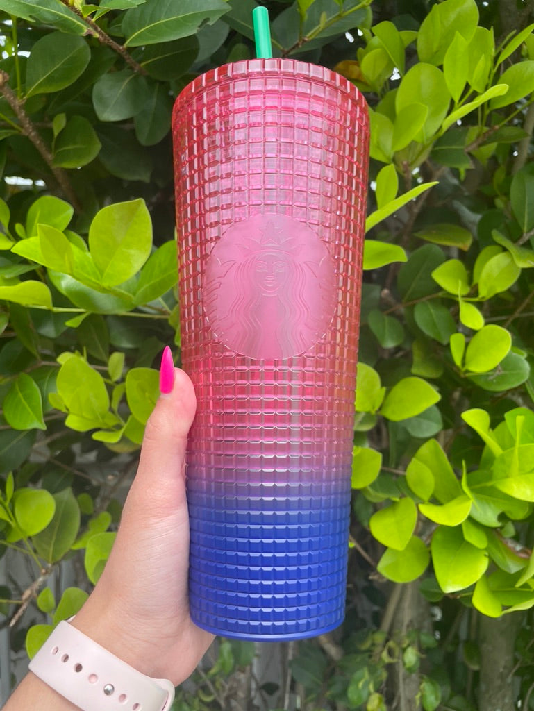 Starbucks 24 oz pink purple ombre grid plastic tumbler 